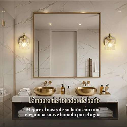 Vista 7 de Mecgirn Lámpara de tocador de baño de acero inoxidable sobre el espejo, 1 lámpara de baño dorada cepillada con pantallas de vidrio texturizado Oro