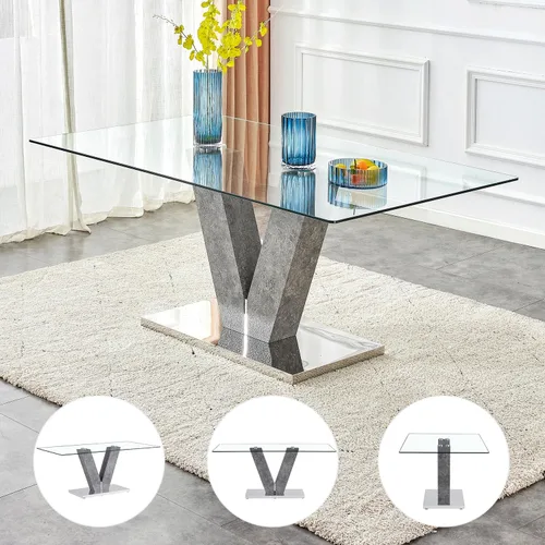 Vista 3 de Gopop Juego de mesa de comedor de cristal para 6, mesa de comedor gris con 6 sillas de comedor de piel sintética, mesa de cocina de 71 pulgadas