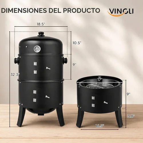 Vista 8 de VINGLI Parrilla de carbón de 18 pulgadas con ahumador de barbacoa multicapa, parrilla redonda resistente, ahumador vertical con termómetro