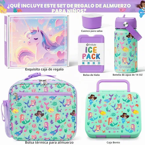 Vista 2 de Fimibuke Lonchera Bento para Niños - Contenedor de Snacks Bento para Niños Pequeños con 3 Compartimentos, Botella de Agua de Acero Inoxidable, Bolsa