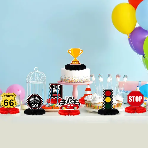 Vista 6 de LINGTEER Race Car Two Fast Birthday Table Honeycomb Centros de mesa – 9 piezas Let's Go Racing Happy 2nd Birthday Party Decoración de mesa