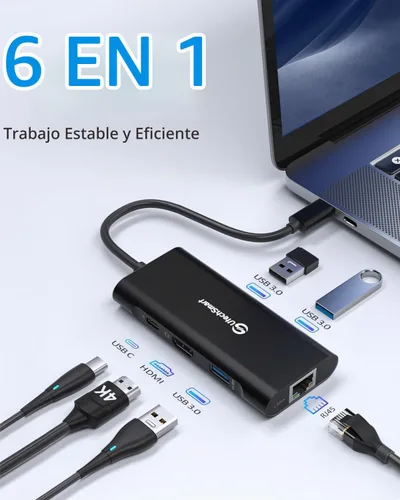 Vista 2 de UtechSmart USB C Hub,Ethernet Multiport 6 in 1 USB C to HDMI Adapter Black Negro