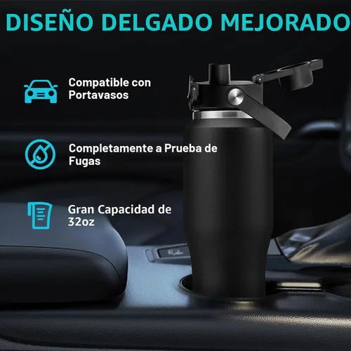 Vista 2 de Botella de agua de acero inoxidable de 32 onzas, frío-48 horas y caliente-24 horas, termo con popote y tapas de boquilla, bolsa, botella aislada al