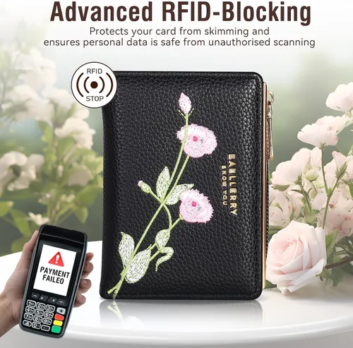 Vista 4 de Billetera pequeña para mujer, doble bordado, con flores, bloqueo RFID, piel sintética, con bolsillo con cremallera para mujeres y niñas (negro)