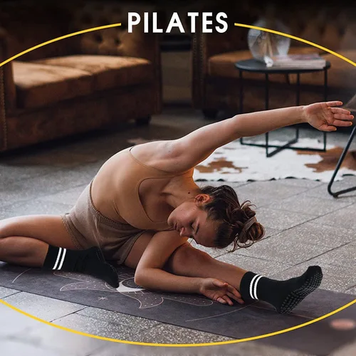 Vista 4 de Heerlijk Tavi - Calcetines largos de pilates con empuñaduras para mujer, calcetines antideslizantes con rayas para yoga, barre, deportes, hospital