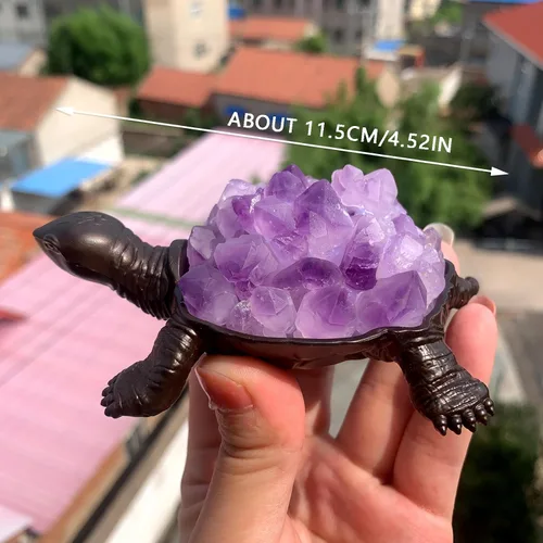 Vista 2 de Runyangshi Tortuga de amatista natural de 4.52 pulgadas, tortuga de cristal curativo de brotes de amatista, hecha a mano, decoración del hogar