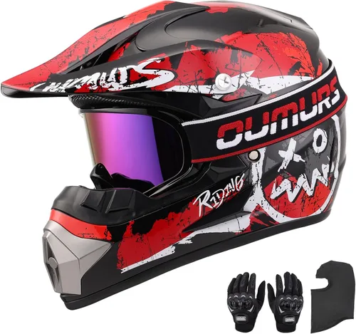 Vista 11 de Casco OUMURS DOT para ATV de todoterreno con gafas, guantes y mascarilla, con visera solar ajustable para motocicleta, para adultos, todoterreno