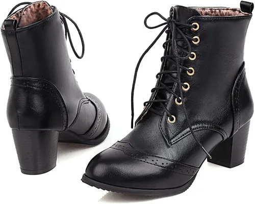 Vista 2 de VOKLIN Botines de tacón medio grueso para mujer, con puntera redonda, con cordones, estilo Oxford occidental, con cordones