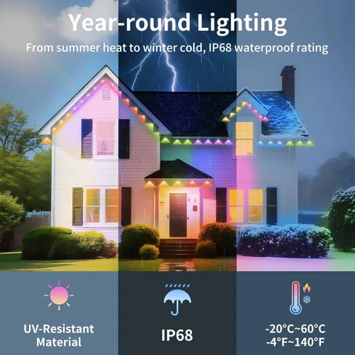 Vista 4 de Luces permanentes para exteriores de 50 pies con 30 LED, IP68 impermeable inteligente RGB+IC LED de Navidad con 75 modos de escena, luces navideñas