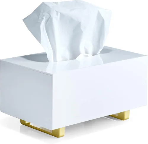 Vista 13 de YoBa Caja de pañuelos de acrílico negro grueso, dispensador cuadrado de caja de pañuelos con patas de aluminio chapado en oro para baño, cocina