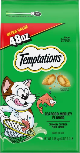 Vista 11 de Temptations Classic Crunchy and Soft Cat Treats, Seafood Medley Flavor, bolsa de 3 onzas (paquete de 12)