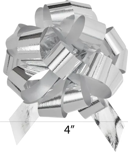 Vista 3 de Berwick Offray The Perfect Bow Pull Ribbon, tamaño acabado de 4 pulgadas con 18 bucles, purpurina plateada, 50 piezas