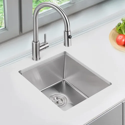 Vista 2 de Fregadero de cocina empotrado de 15 x 15 pulgadas, fregadero de barra de cocina de acero inoxidable T-304 hecho a mano de cuenco único o pequeño