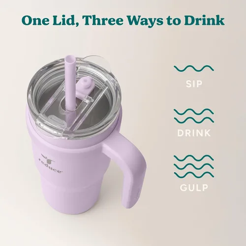 Vista 5 de REDUCE Vaso de acero inoxidable de 24 onzas con asa - Taza de viaje con aislamiento al vacío de doble pared, tapa a prueba de sudor y popote Brote