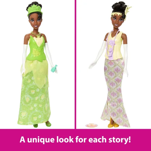 Vista 4 de Mattel Disney Princess Toys, muñeca de moda Tiana con 2 estilos, 9 accesorios, 2 corpiños a presión y 2 faldas, historias 2 en 1 inspiradas