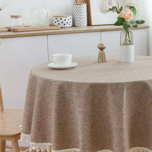 Vista 3 de Mantel redondo resistente al agua con textura de lino y algodón, funda decorativa de escritorio de color sólido, para mesa redonda de 20 a 44 Marrón