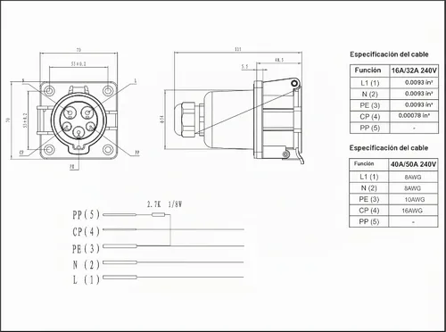 Vista 5 de SAE J1772 Tipo 1 Entrada de zócalo para Cargadores de Nivel 1 y Nivel 2 de J1772 Lado de Vehículo EV Conector Socket 16A/32A/50A