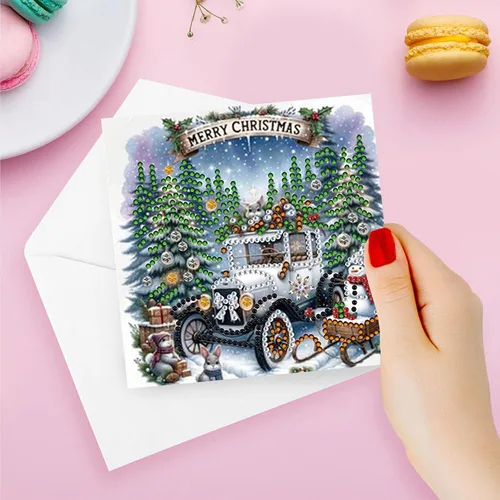 Vista 3 de Huacan Juego de 6 tarjetas de Navidad con pintura de diamante 5D para adultos, diseño de camión rojo, tarjetas de felicitación, regalos