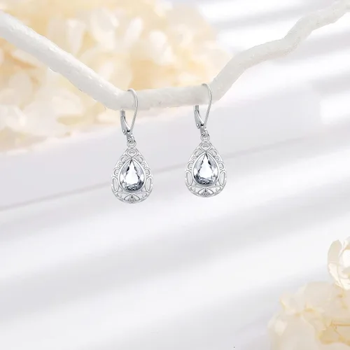 Vista 320 de Aretes colgantes de plata de ley con diseño de árbol de la vida, flor, abeja, animales, gato, colibrí, piedra lunar, turquesa, aretes con cierre