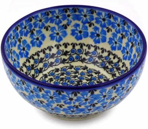 Vista 11 de Auténtico cuenco de cerámica polaca de 6 pulgadas en diseño de aciano azul, hecho a mano en Bolesławiec Polonia por Ceramika Bona + certificado