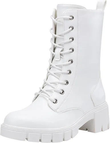 Vista 10 de Vepose Botas de combate hasta media pantorrilla para mujer con cordones elásticos de plataforma gruesa con cremallera lateral