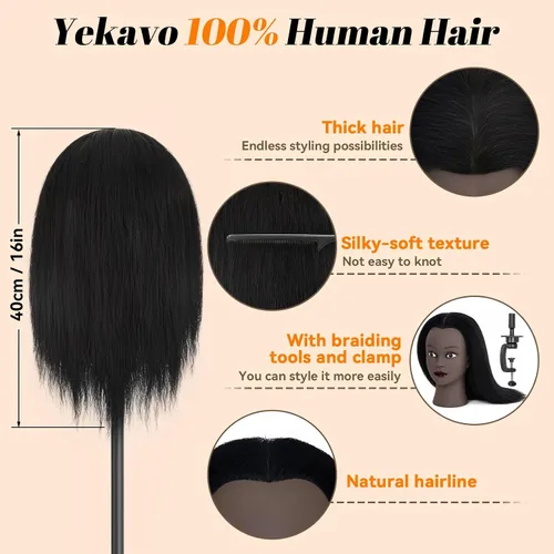 Vista 2 de Cabeza de maniquí de 16" con cabello para entrenamiento de peluquería y peinado
