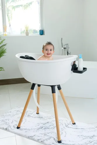 Vista 5 de Bañera de lujo para bebé con soporte de madera, diseño convertible de 3 etapas, ergonómico y protector de espalda (paquete negro (moderno))