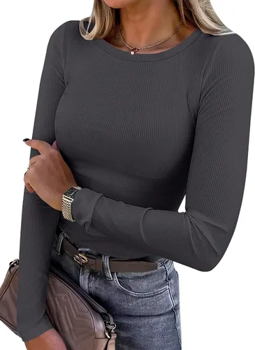 Vista 34 de ANRABESS - Camisetas de manga larga para mujer, de punto acanalado, ajustadas, básicas, 2025, informales, para usar a capas o debajo del uniforme