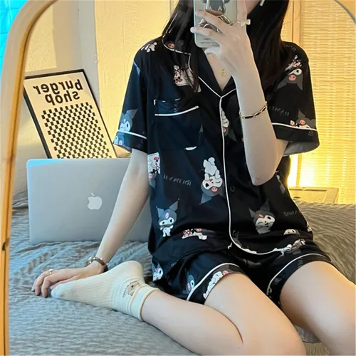 Vista 7 de Pijama Kawaii de dibujos animados para mujeres y niñas, ropa de dormir, camisa de manga corta con pantalones cortos, conjuntos de pijama de 2 piezas