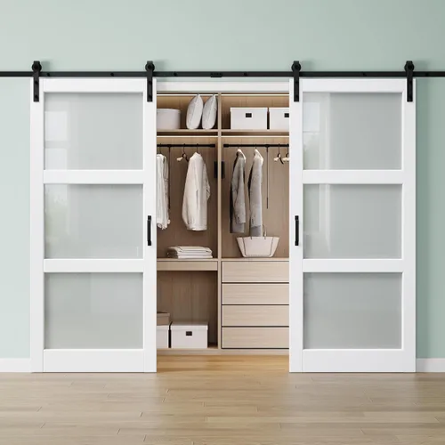 Vista 24 de 30"x84" 1-Lite Double Side Mirror Barn Door Slab with 6FT Track Kit, Handle White / 1-Lite Double Side Mirror
