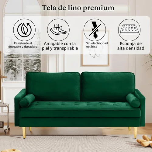Vista 6 de Sofá LoveSeat de 67 pulgadas, sofá biplaza, sofás modernos de tela de terciopelo con diseño de puntos con dos almohadas redondas para espacios Verde