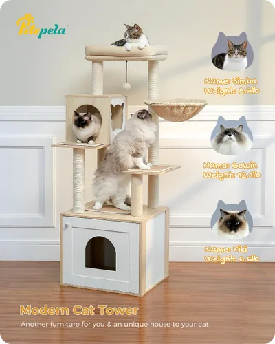 Vista 6 de PETEPELA Árbol para gatos de 56.7 pulgadas con caja de arena, torre grande de madera para gatos de interior con armario de almacenamiento y acogedor