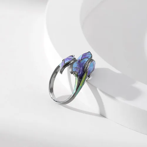 Vista 4 de Black Gothic Butterfly Rings for Women - Enamel Copper Blue Flower Colorful Ring