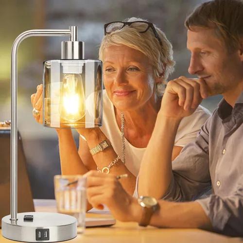 Vista 5 de Juego de 2 lámparas de mesa con control táctil industrial - Lámparas de mesita de noche en níquel cepillado con 2 puertos USB y enchufe de CA