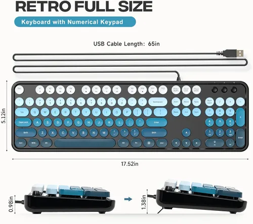 Vista 7 de MOFII Computer Keyboard Wired,Round Key Retro Typewriter Keyboard Full Size USB Plug and Play, for Laptop, PC, Desktop, Windows