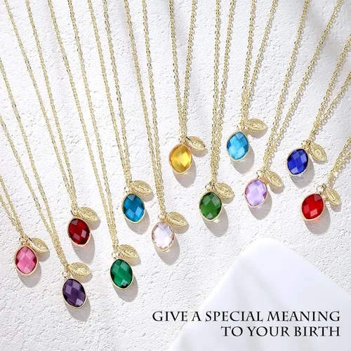 Vista 7 de Me&Hz Dainty Initial Birthstone Necklace for Women Girls, 14K Gold Filled Birth Month Crystal Birth Stone Necklace Leaf Letter Small Pendant