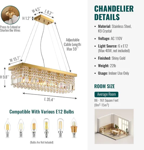 Vista 9 de Siljoy Candelabro de Cristal Moderno de 6 Luces Rectangular Dorado K9 Candelabro de Cristal en Forma de Gota de Lluvia para Comedor, Lámpara