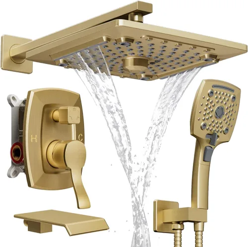 Vista 10 de ELLO&ALLO Juego de grifo de ducha de baño, válvula mezcladora y kit de acabados, sistema de ducha completo con válvula empotrada, oro cepillado