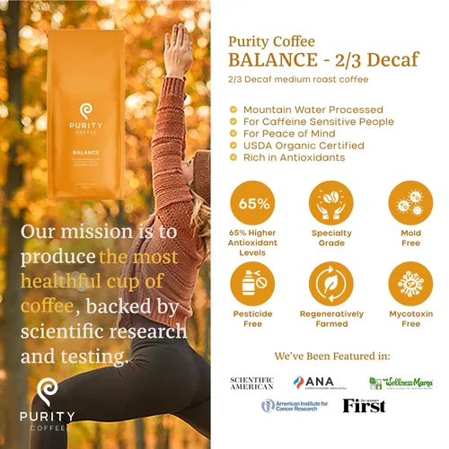 Vista 3 de Purity Coffee BALANCE - Grano entero de tostado medio descafeinado 2/3 (bolsa de 12 onzas) Agua de montaña orgánica USDA de grado especial