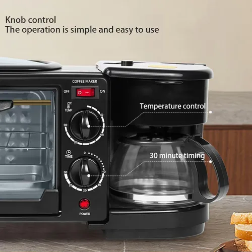 Vista 5 de Máquina de desayuno casera multifuncional 3 en 1, mini horno, cafetera (negro)