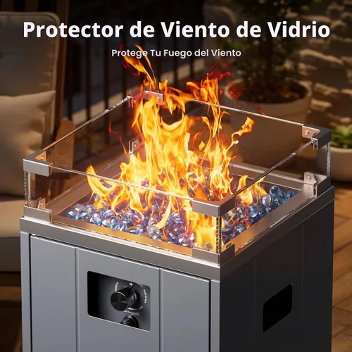 Vista 3 de BALI OUTDOORS Fogata de gas de 15 pulgadas Cuenco exterior de propano con protector de viento de vidrio, chimenea cuadrada para patio con piedra