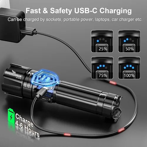 Vista 5 de Linterna 20000 Lúmenes Altos Recargable - Luz LED Flash Súper Brillante de 30W Haz de 5000ft y 12H de Larga Duración USB C Linterna de Policía