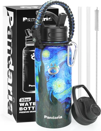 Vista 10 de Insulated Water Bottle 32oz, Stainless Steel Water Bottle with Straw & Spout Lids & Paracord Handle with Straw