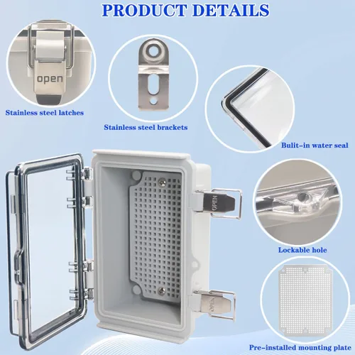 Vista 3 de Caja eléctrica impermeable, caja de conexiones IP67, pestillo de acero inoxidable, cubierta transparente con bisagras, carcasa para proyectos