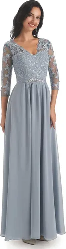 Vista 4 de Vestido largo formal de noche para mujer con apliques de encaje con cuello en V y mangas