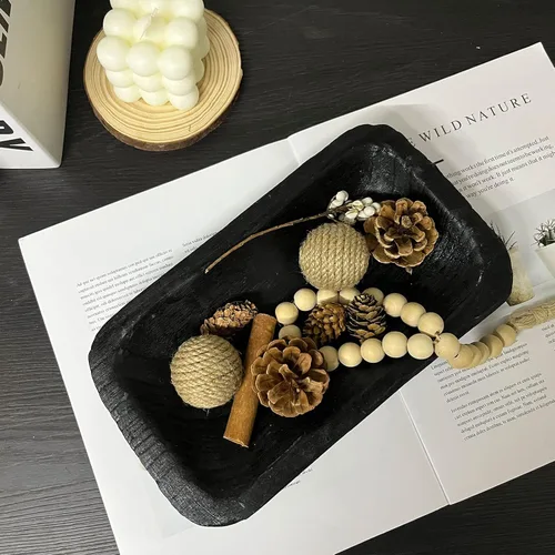 Vista 4 de Cuencos de masa de madera decorativos, cuencos largos rústicos para decoración de pan, bandeja de madera, tallados a mano para decoración de centro