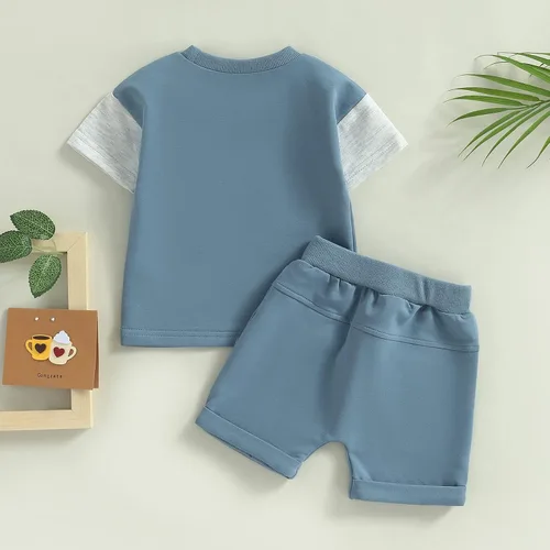 Vista 105 de Conjunto de traje de verano para bebé niño pequeño, manga corta, cuello redondo, letras impresas, lindo traje de verano, conjunto de 2 piezas