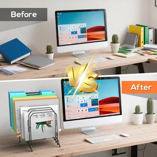 Vista 5 de Organizador de archivos de escritorio con clasificación inclinada, soporte de metal para carpetas de revistas con compartimentos verticales de 8