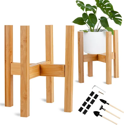 Vista 8 de Soporte ajustable de bambú para plantas de interior, soporte para macetas de 8 a 12 pulgadas para sala de estar, dormitorio, esquina, estante