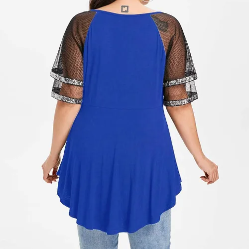 Vista 4 de VEZAD Store Blusa de manga 34 asimétrica con encaje floral liso para mujer, talla grande